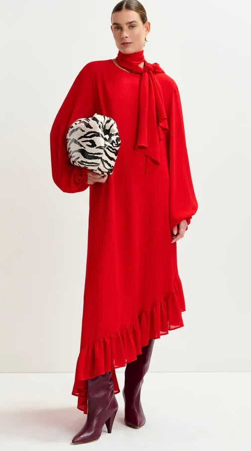 Essentiel Antwerp Red Asymmetrical Dress with Ruffle Hem & Pussybow Ti –  SYBIL Boutique