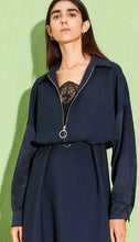 Load image into Gallery viewer, Beatrice B Navy Silk Bomber Jacket with Lace Insert
