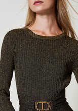 Load image into Gallery viewer, Twinset Milano Gold Lurex Rib Knit Long Dress with T-Bar Belt