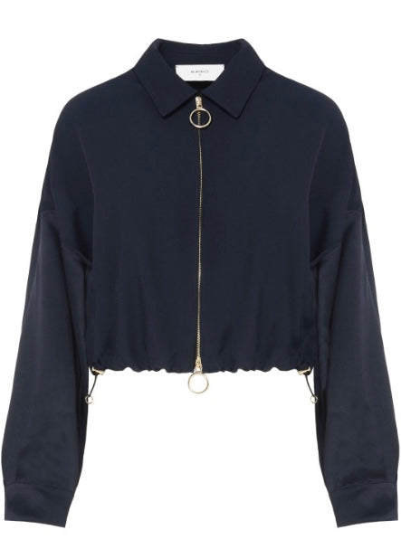 Beatrice B Navy Silk Bomber Jacket with Lace Insert