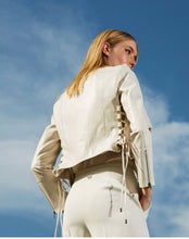 Load image into Gallery viewer, Twinset Cream Vegan Leather Biker Jacket
