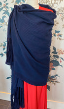 Load image into Gallery viewer, Navy Wool Blanket Scarf with Long Fringing