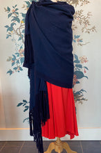 Load image into Gallery viewer, Navy Wool Blanket Scarf with Long Fringing
