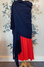 Load image into Gallery viewer, Navy Wool Blanket Scarf with Long Fringing
