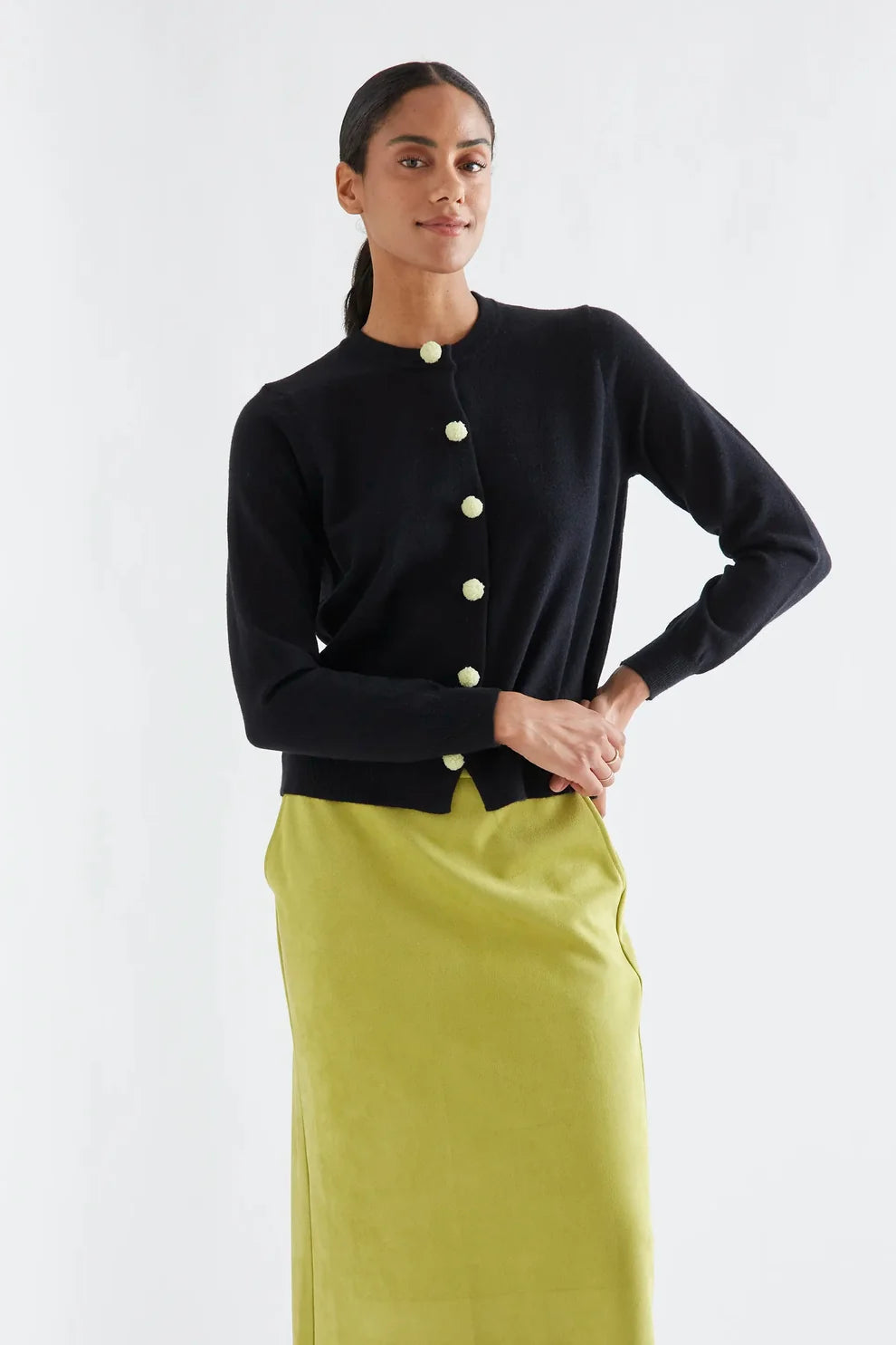 Compañia Fantástica Black Cardigan with Yellow PomPom Buttons