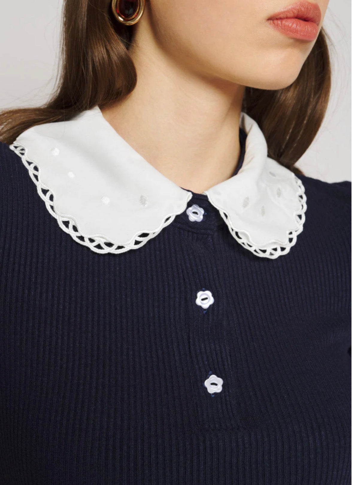 Sister Jane Navy Fine Knit Polo Top with White Collar