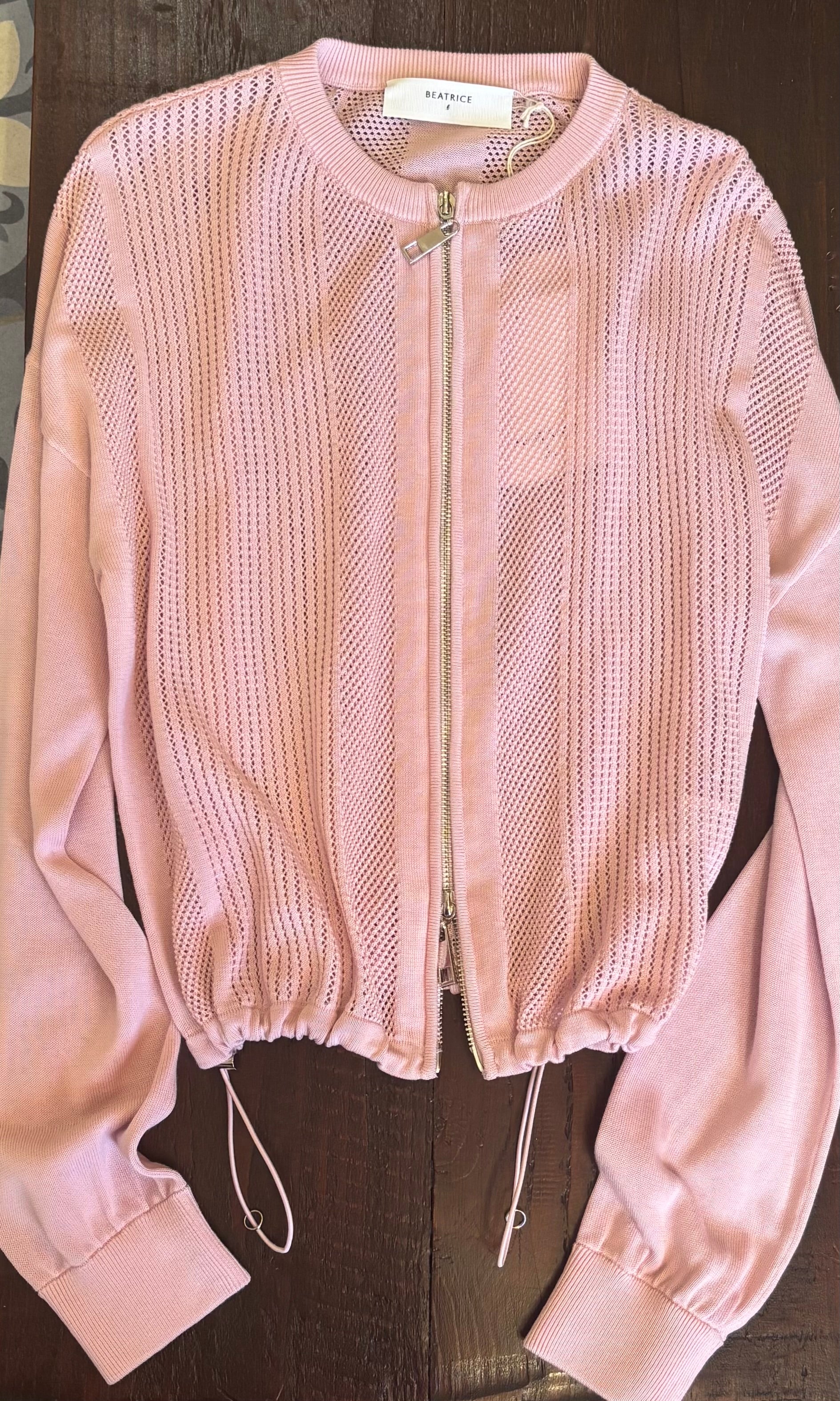Beatrice B Pink Cotton & Silk Pin-Tuck Knit Jacket with Zips