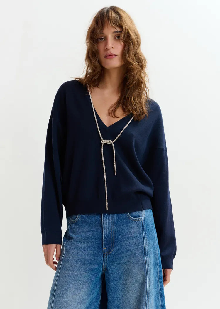 Essentiel Antwerp Navy Fine Knit Sweater with V-Back & Rhinestone Necklace