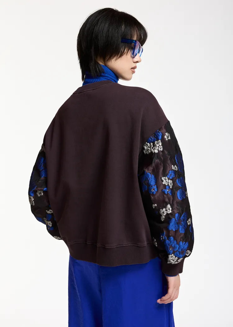 Essentiel Antwerp Plum Sweatshirt with Cobalt Blue Floral Jacquard Sleeves