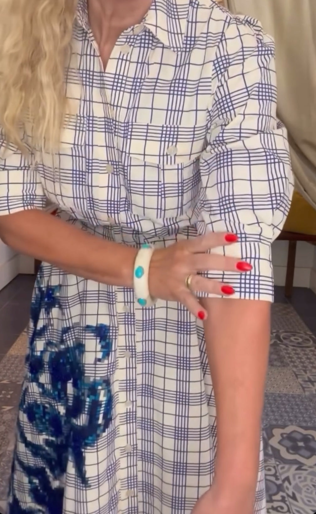 Essentiel Antwerp Ivory & Navy Check Belted Shirt Dress