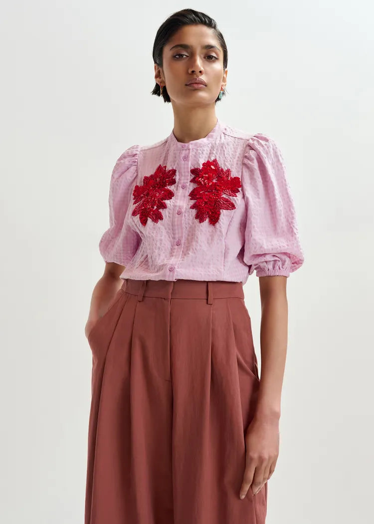 Essentiel Antwerp Lilac Shirt with Red/Terracotta Embellished Flower