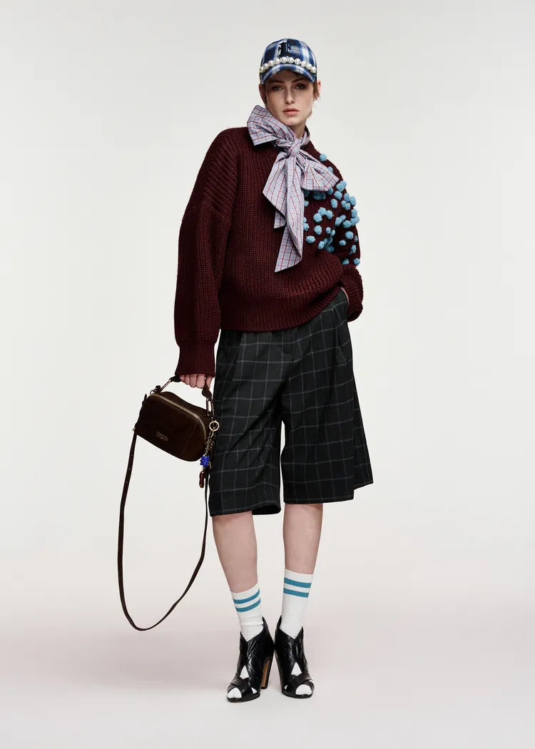Essentiel Antwerp Wine Knit Jumper with Blue PomPoms