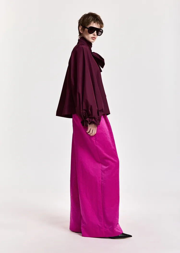 Essentiel Antwerp Burgunday Pussybow Top with Voluminous Sleeves