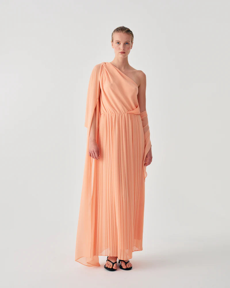 Beatrice B. Peach Chiffon Dress with Draped Bodice and Flowing Sleeves