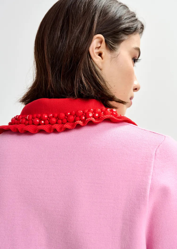 Essentiel Antwerp Pink Knit Polo Top with Red Frill Collar & Embellishment