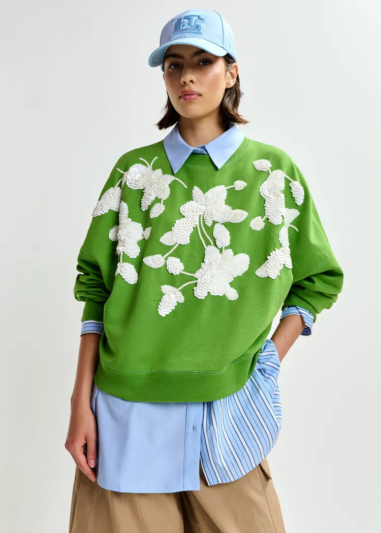 Essentiel Antwerp Green Cotton Sweatshirt with Floral Sequin Embroidery