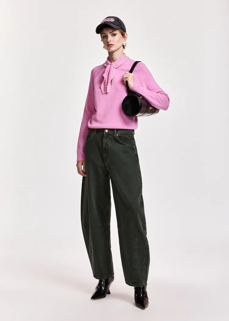 Essentiel Antwerp Pink Wool-Cashmere Jumper with Pearl-Embellished Bow Collar