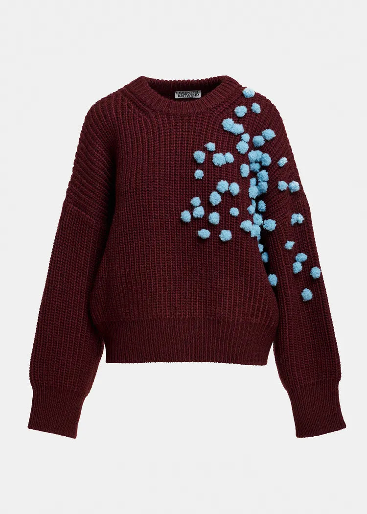 Essentiel Antwerp Wine Knit Jumper with Blue PomPoms