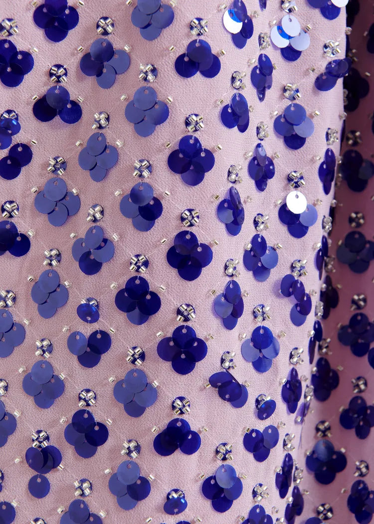 Essentiel Antwerp Purple & Electric Blue Sequin Asymmetrical Top with Neck Tie Ribbon