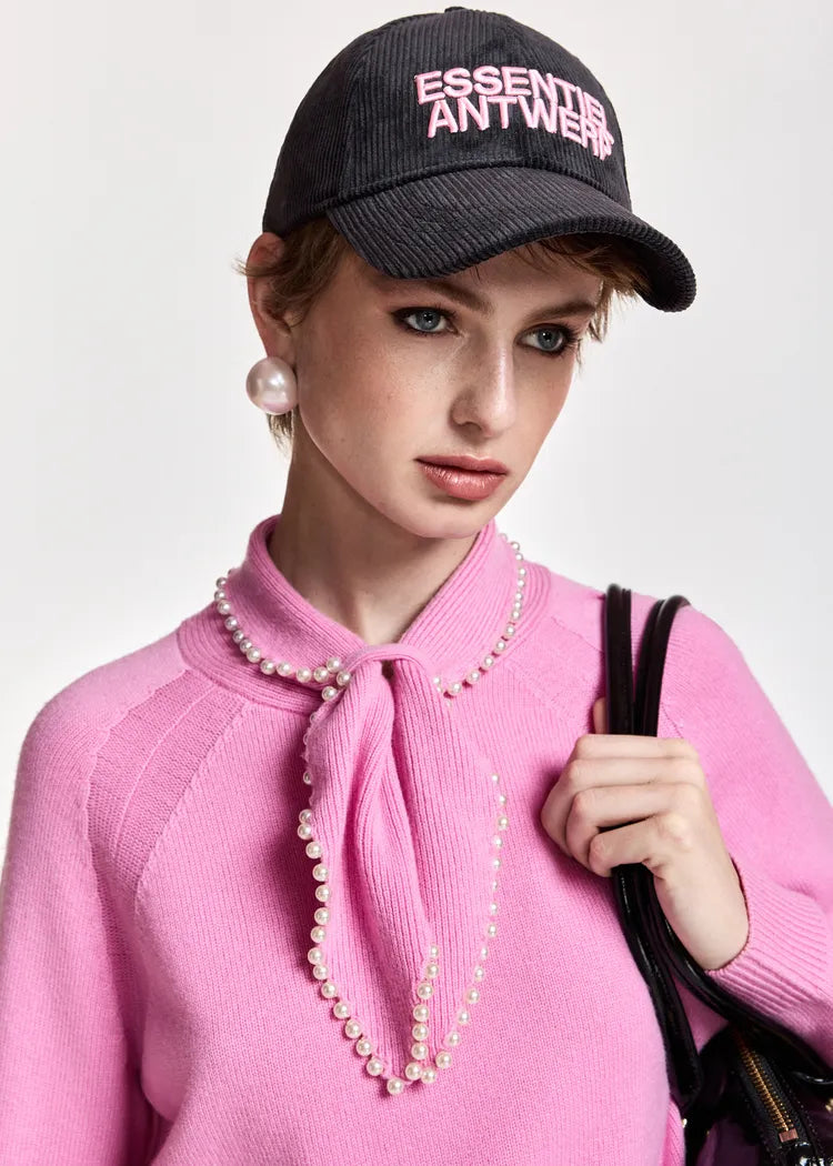 Essentiel Antwerp Pink Wool-Cashmere Jumper with Pearl-Embellished Bow Collar