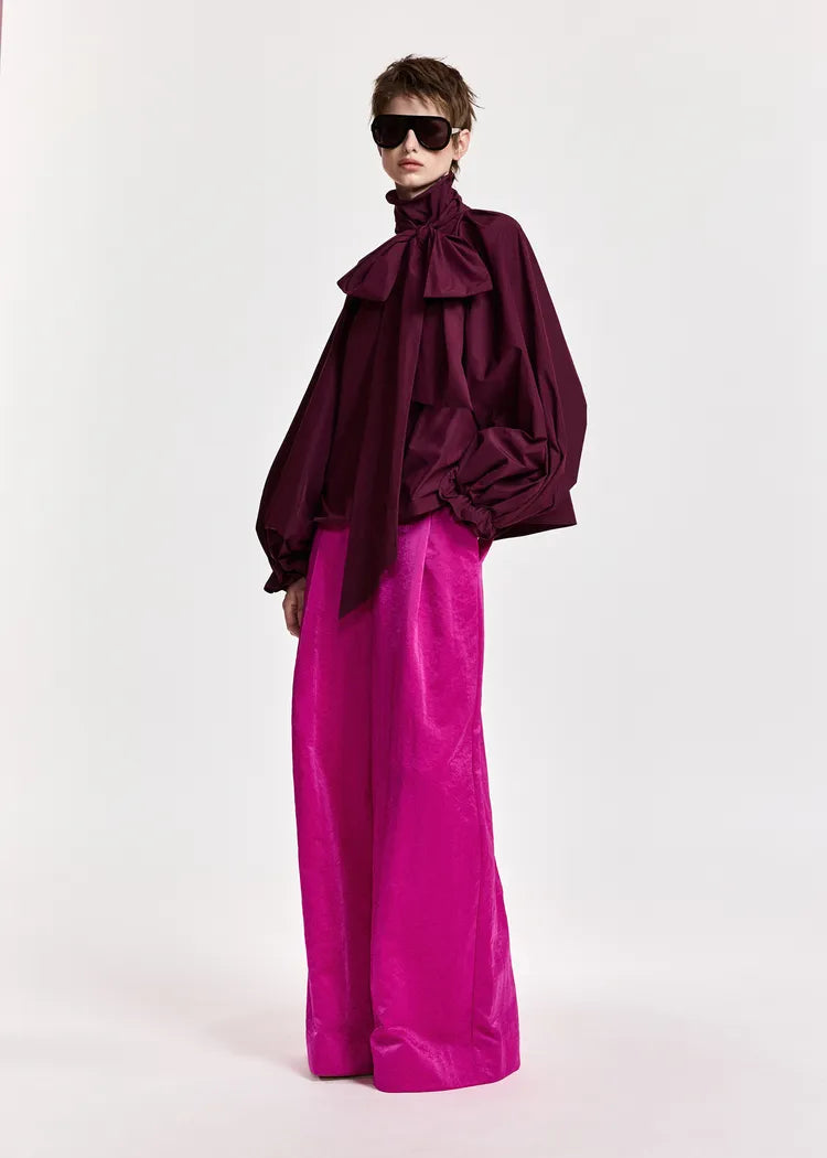 Essentiel Antwerp Burgunday Pussybow Top with Voluminous Sleeves