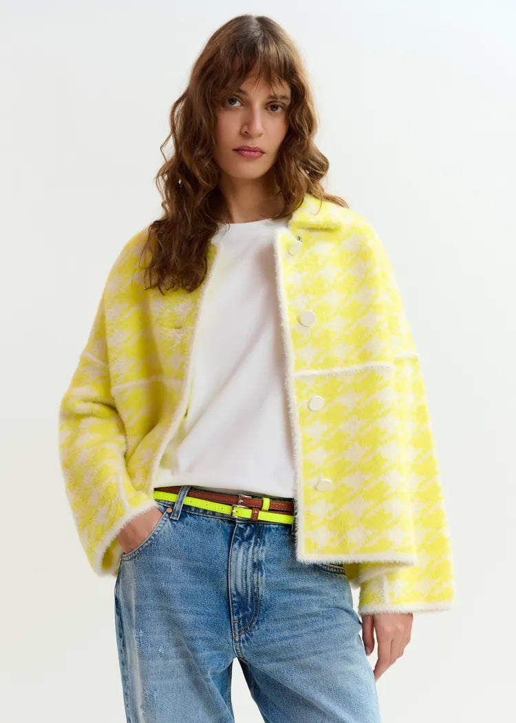 Essentiel Antwerp Lemon Houndstooth Fluffy Knit Jacket