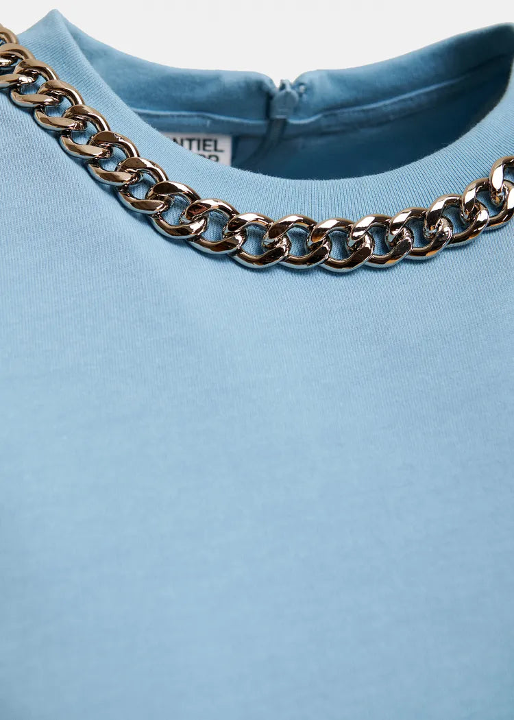 Essentiel Antwerp Light Blue Cotton T-Shirt with Chain Neckline