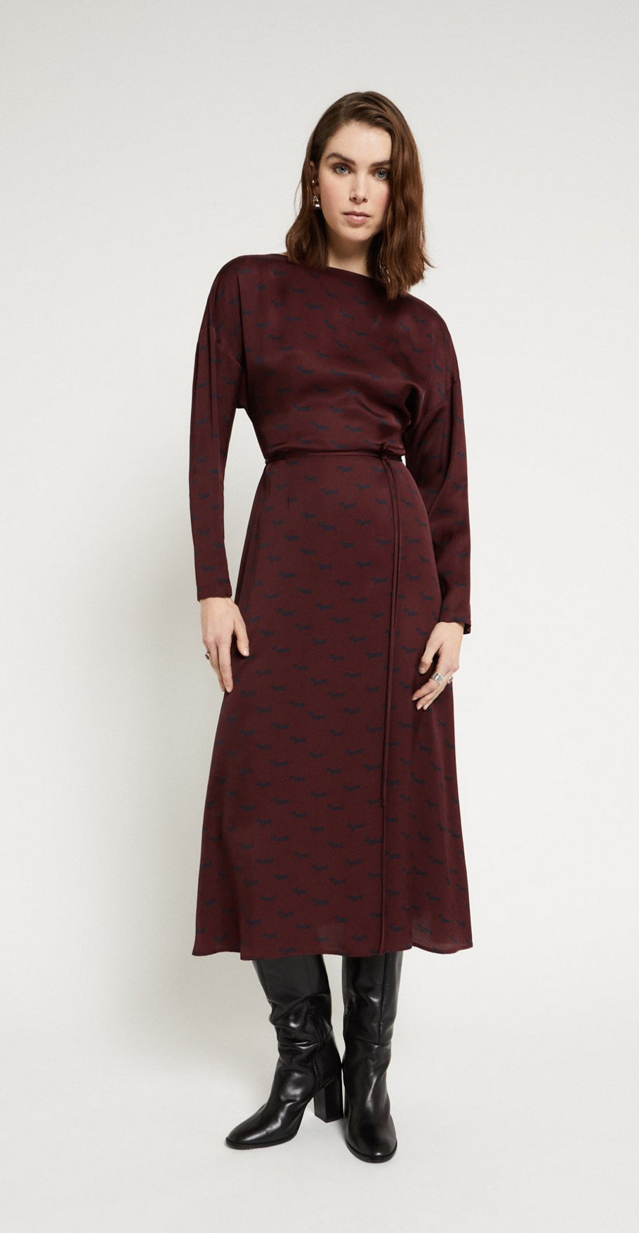 Ottod’Ame Long Sleeve Burgundy Print Midi Dress