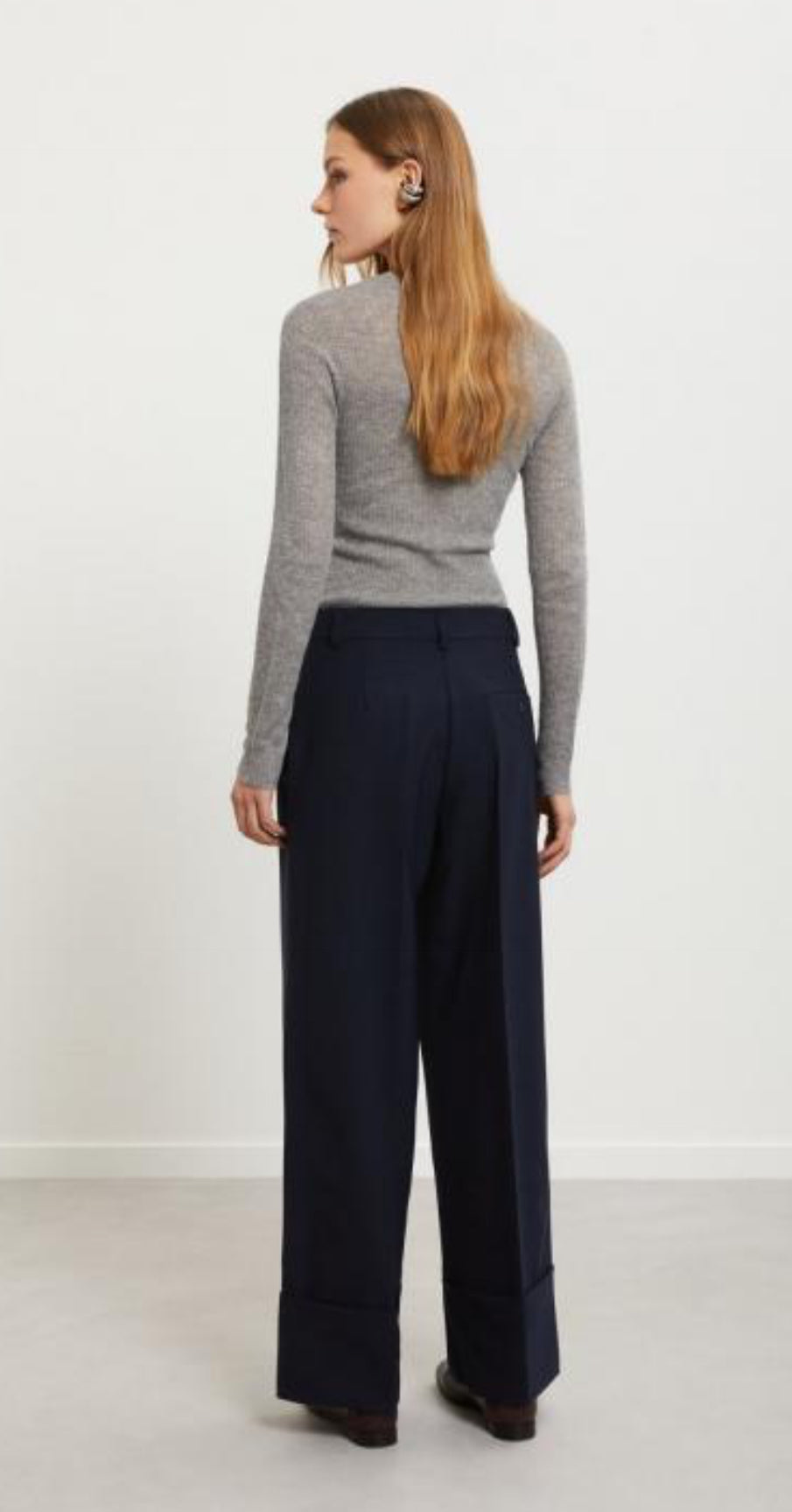 Ottod’Ame Navy Tailored wide leg Trousers with Cuff Hemline