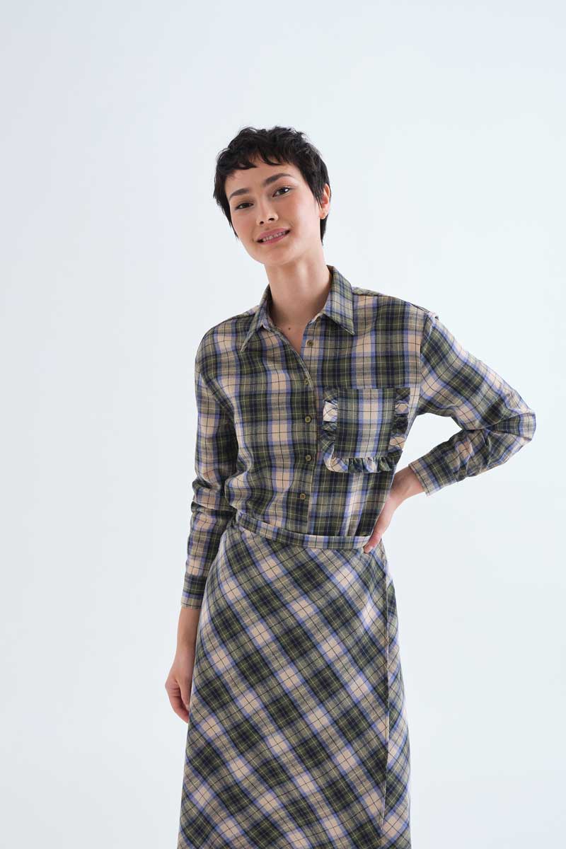 Compañia Fantástica Blue Green Cream Plaid Shirt with Ruffle Detail on Front Pocket