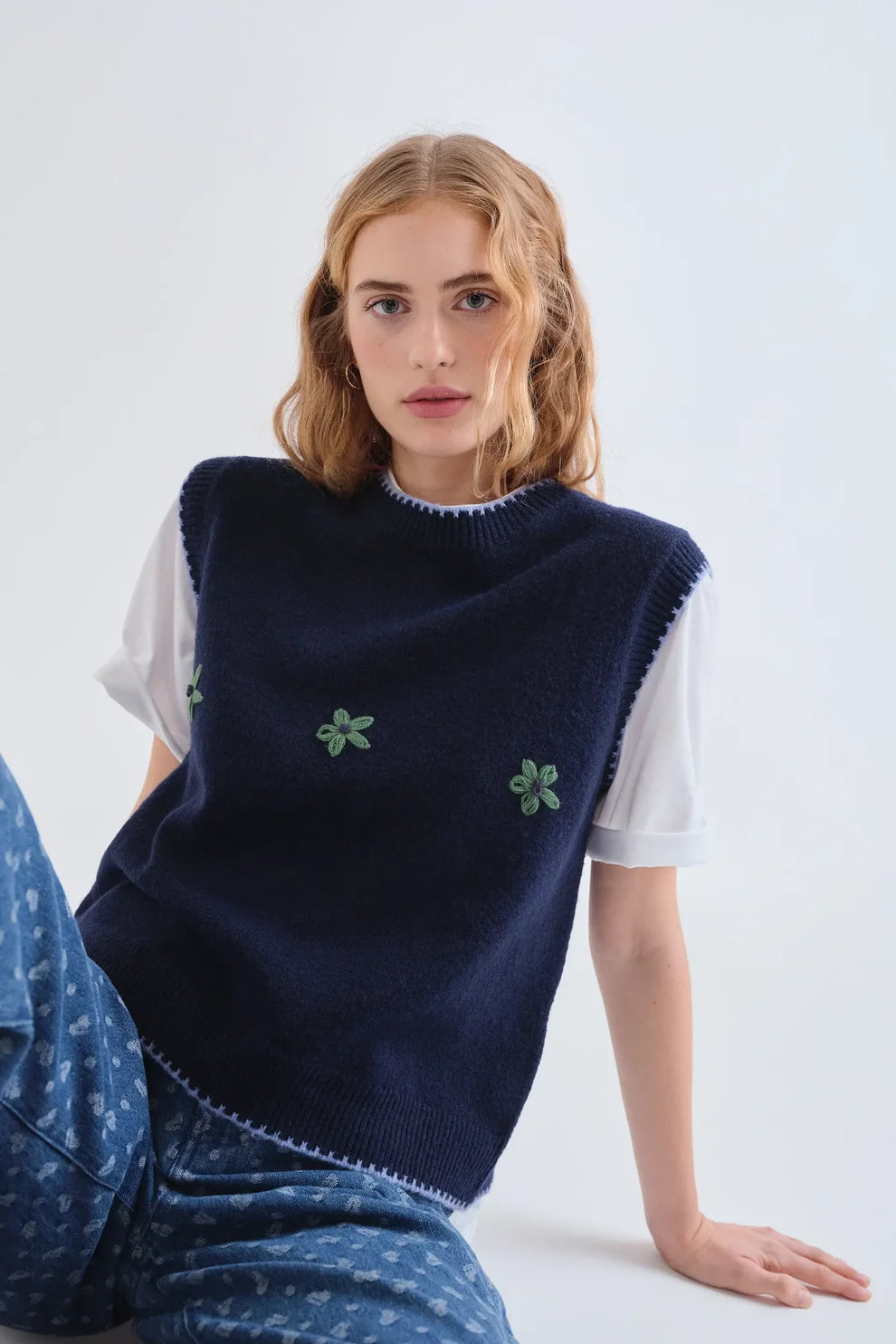 Compañia Fantástica Navy Knit Vest with Green Embroidered Flowers
