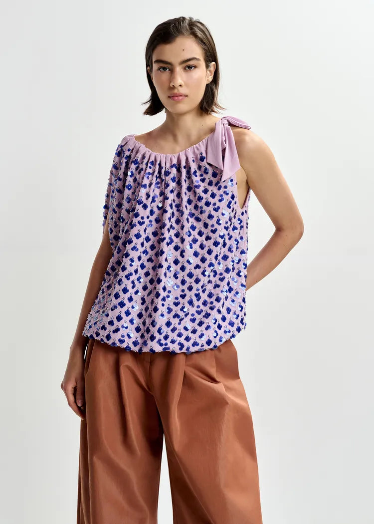 Essentiel Antwerp Purple & Electric Blue Sequin Asymmetrical Top with Neck Tie Ribbon