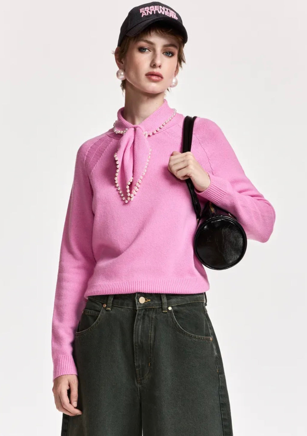 Essentiel Antwerp Pink Wool-Cashmere Jumper with Pearl-Embellished Bow Collar