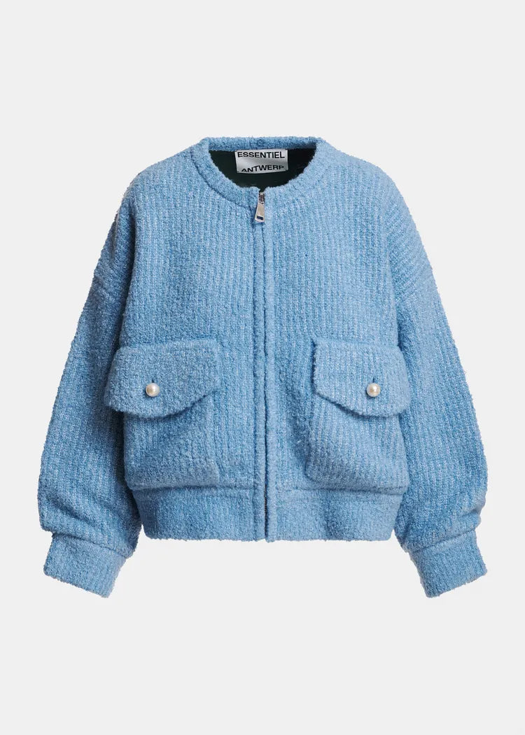 Essentiel Antwerp Baby Blue Bouclé Bomber with Removable Faux Fur Collar