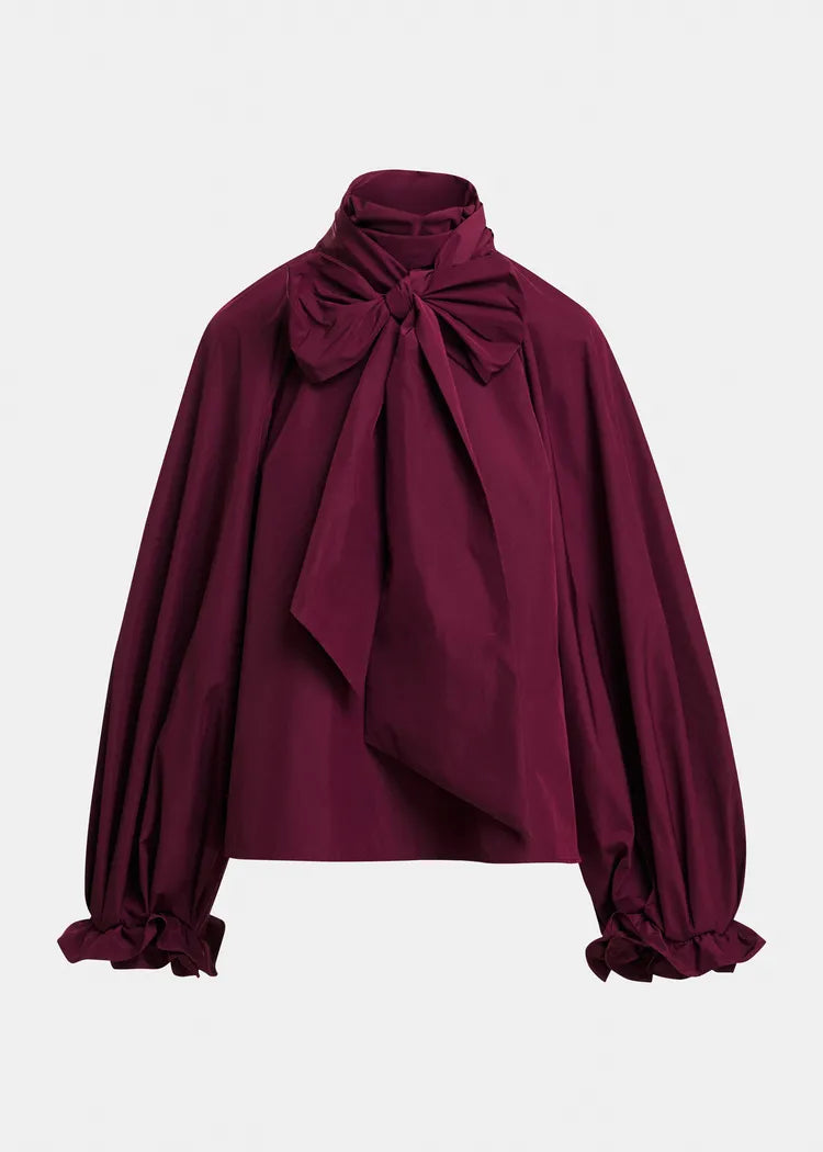 Essentiel Antwerp Burgunday Pussybow Top with Voluminous Sleeves