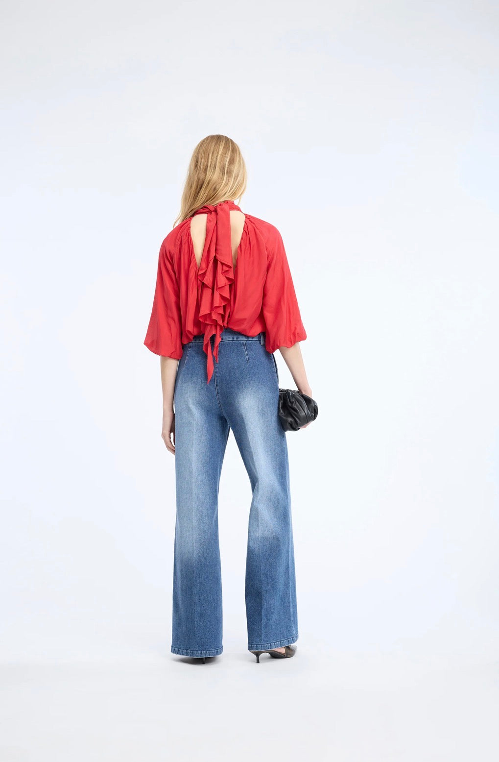 MUNTHE High Neck Red Blouse with Scooped Back