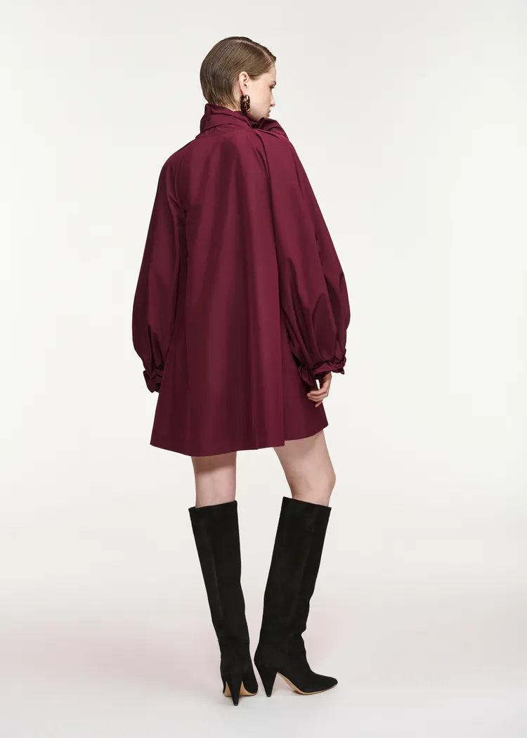 Essentiel Antwerp Oversized Burgundy Pussybow Mini Dress with Voluminous Sleeves