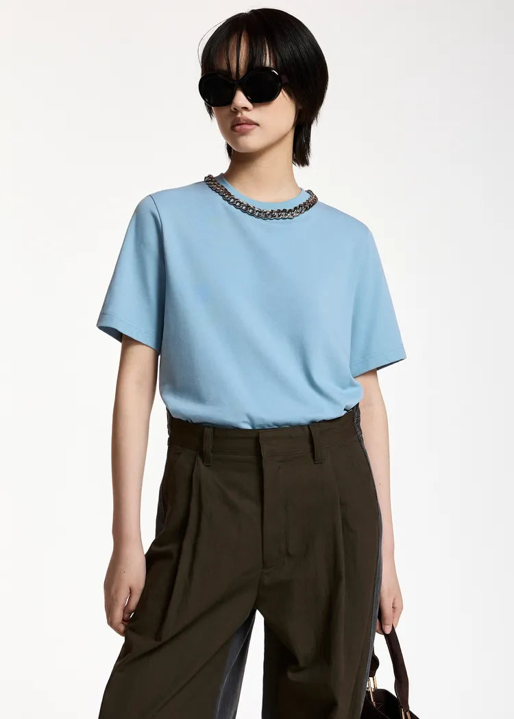 Essentiel Antwerp Light Blue Cotton T-Shirt with Chain Neckline