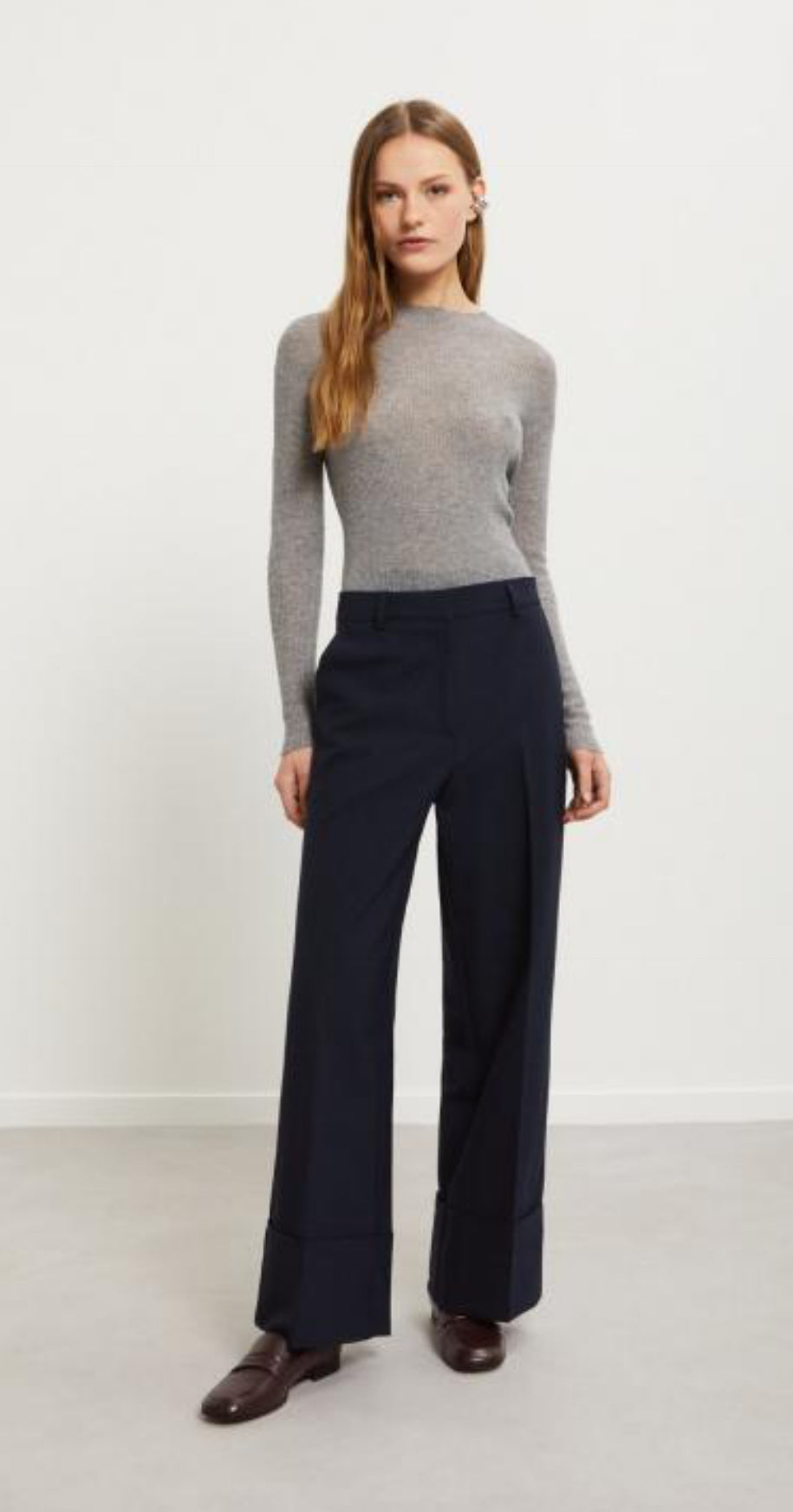 Ottod’Ame Navy Tailored wide leg Trousers with Cuff Hemline