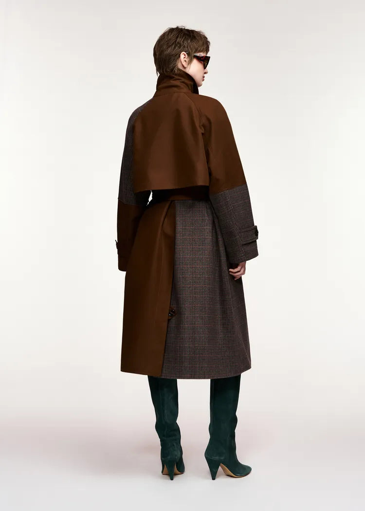 Essentiel Antwerp Brown and Tweed Colour Block Trench Coat