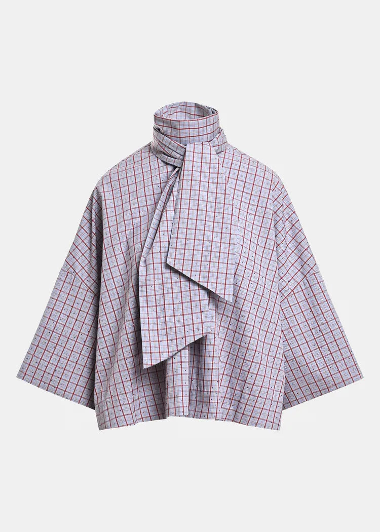 Essentiel Antwerp Blue & Red Pussybow 100% Cotton Shirt with Rhinestones