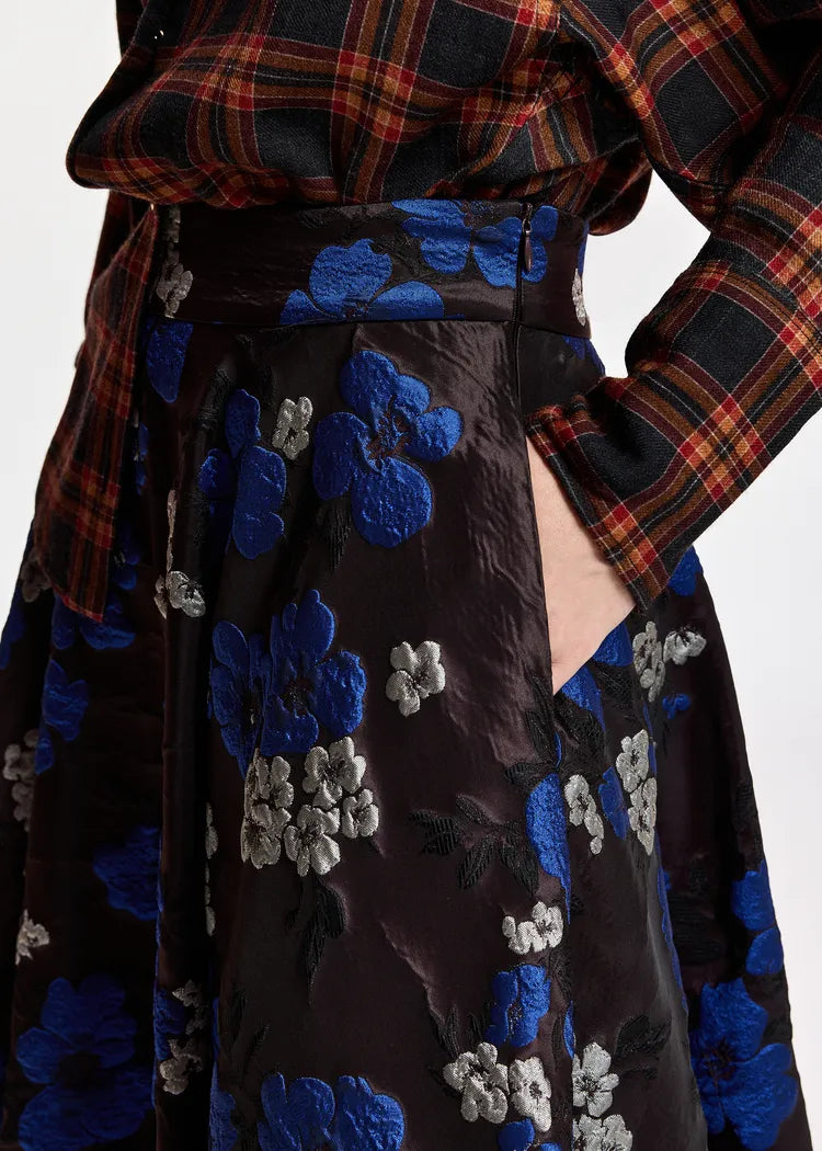 Essentiel Antwerp Burgundy Cobalt Blue Floral Jacquard Full Skirt