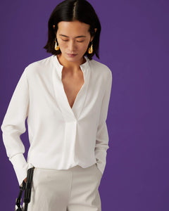 Beatrice B White Silk Mix V-Neck Blouse