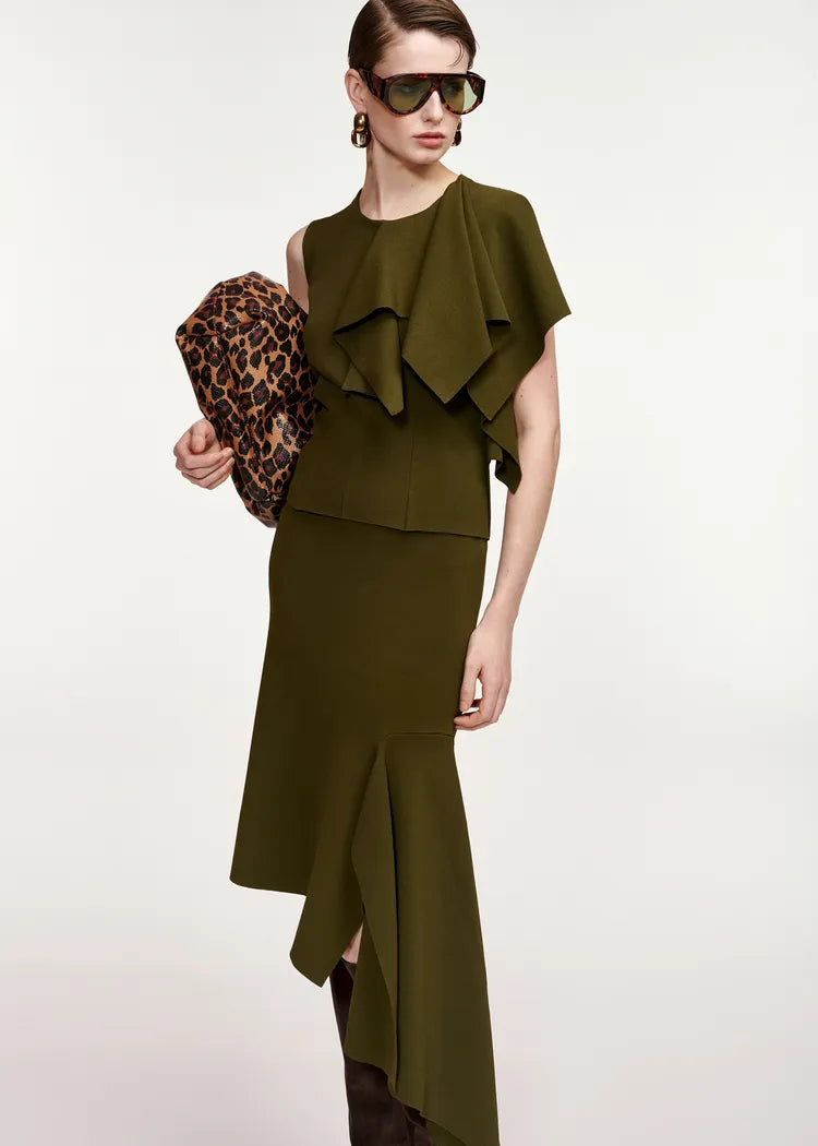 Essentiel Antwerp Khaki Green Skirt with Asymmetrical Frill