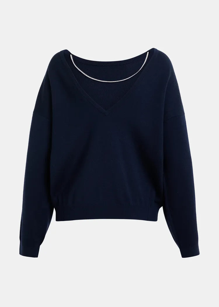 Essentiel Antwerp Navy Fine Knit Sweater with V-Back & Rhinestone Necklace