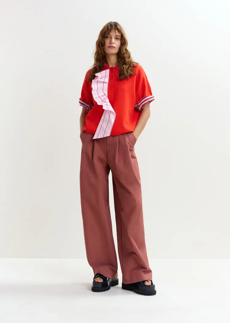 Essentiel Antwerp Orange Polo Top with Pink Ruffle