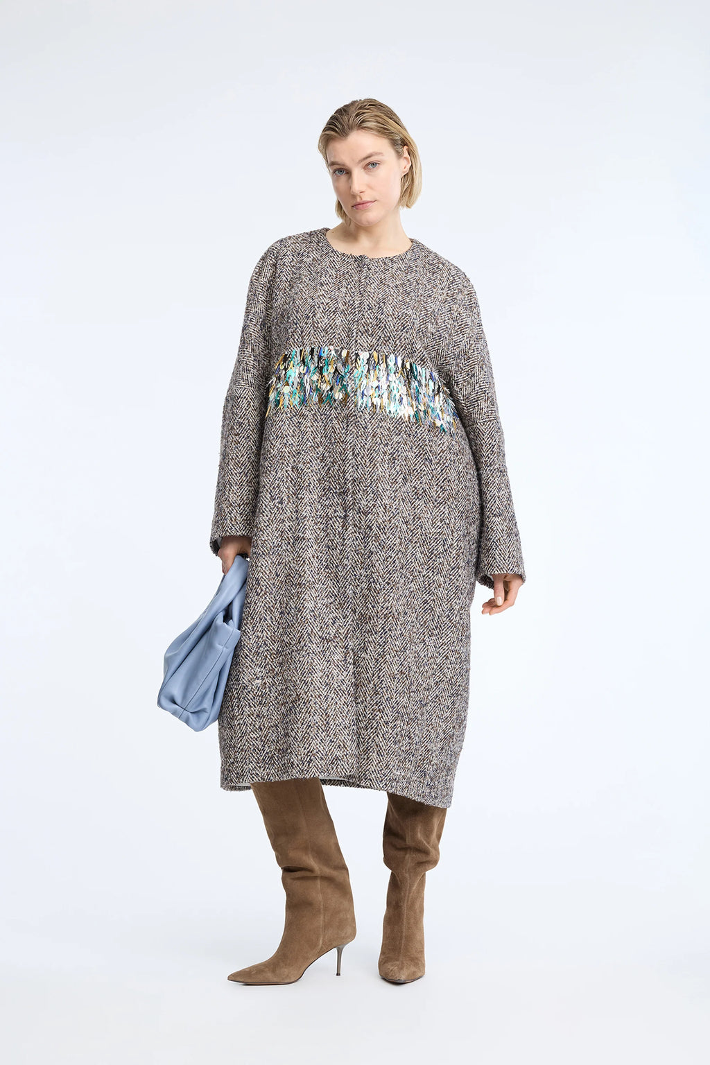 MUNTHE NINELLA Grey Blue Tweed Coat with Sequin Detailing