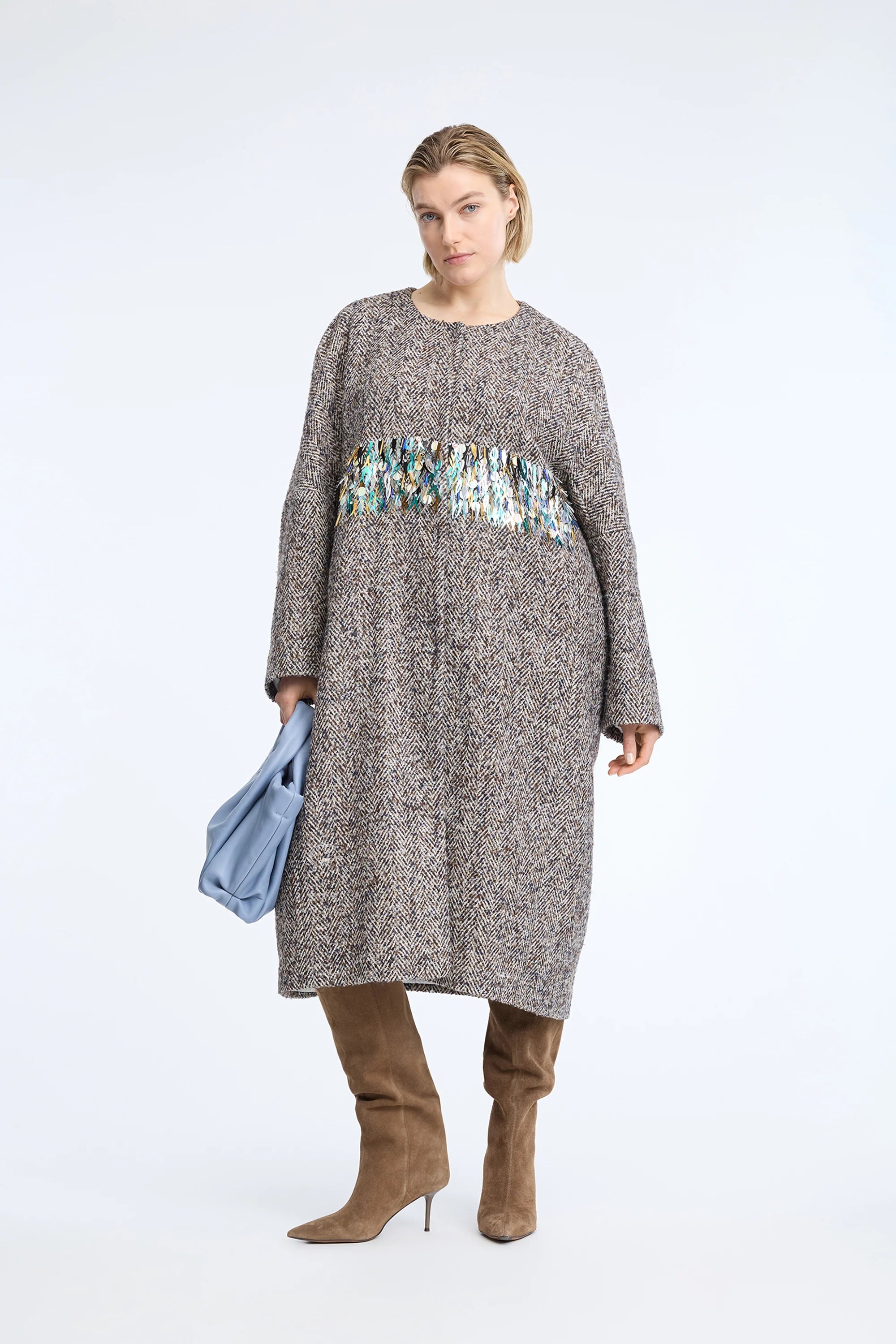 MUNTHE NINELLA Grey Blue Tweed Coat with Sequin Detailing