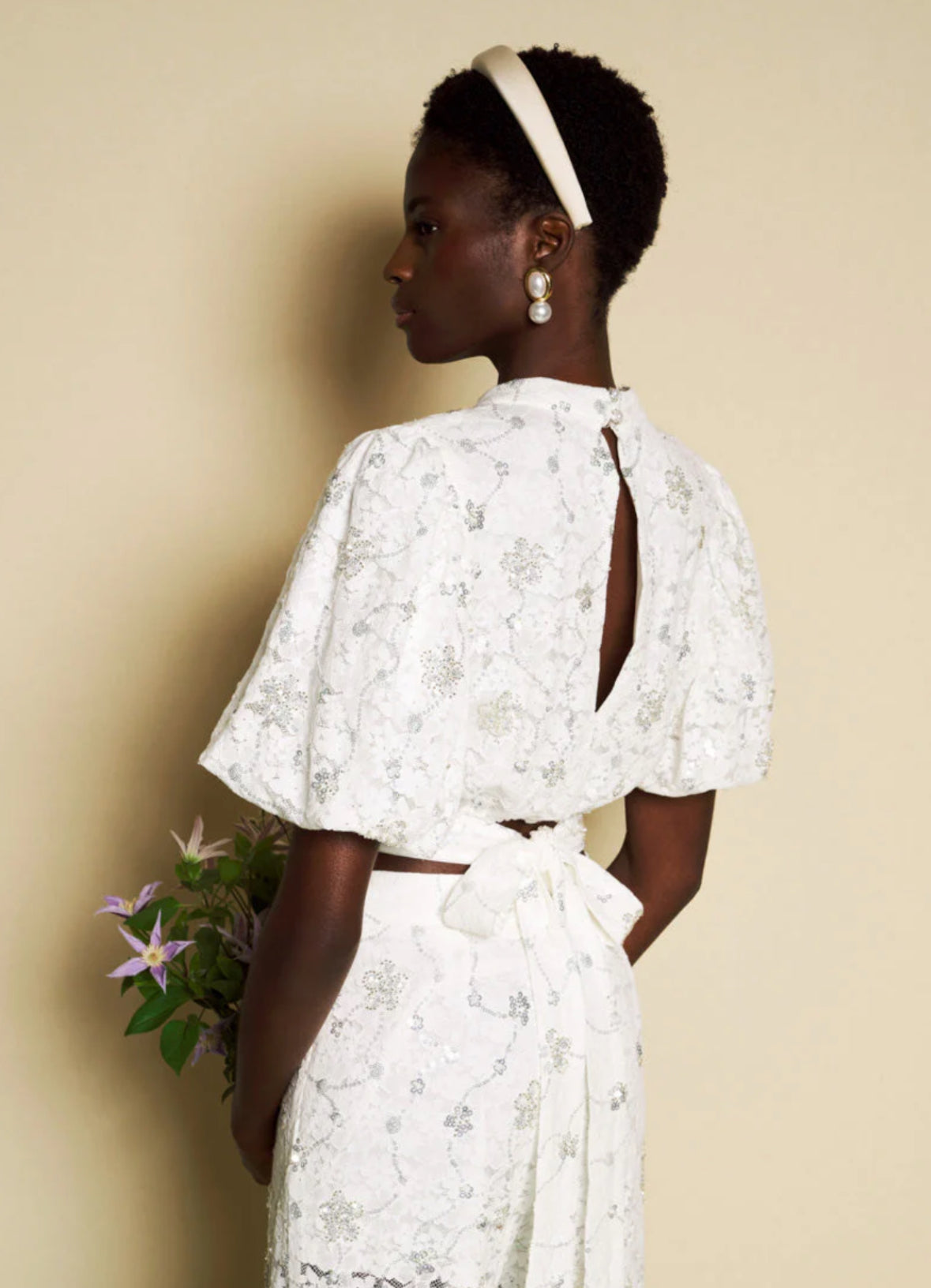 DREAM Sister Jane White Lace & Diamante Jardin High Waist Wide Leg Pants