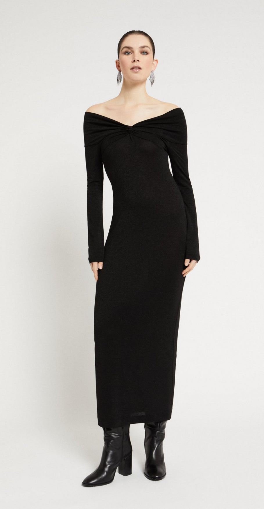 Ottod’Ame Black Long Sleeve Off-Shoulder Long Dress.